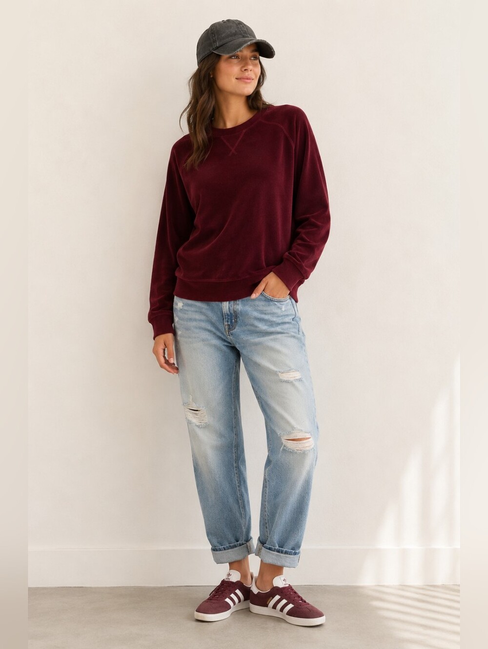 Pact Organic Pure Velour Crew Sweatshirt in Windsor Wine Cozy Women's M NWT
